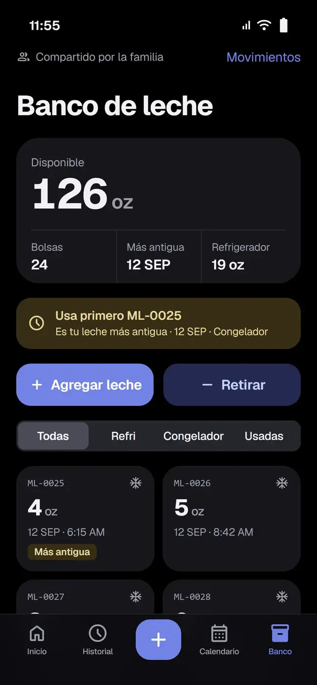 aguuu breast-milk bank screen showing available ounces and bags.