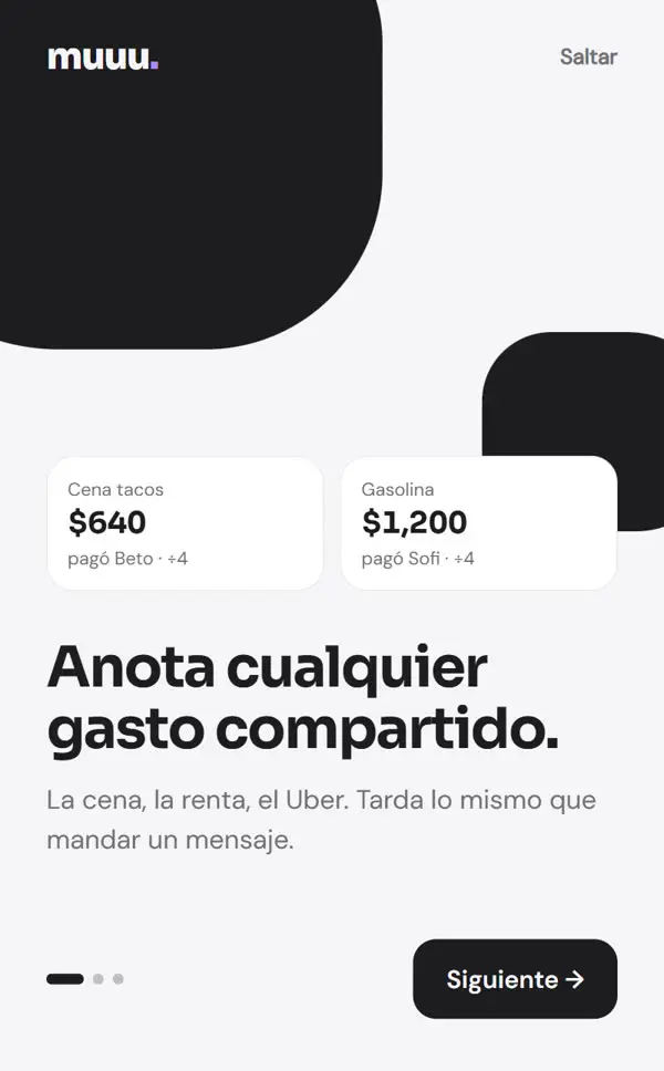 Muuu onboarding screen: “Anota cualquier gasto compartido”.